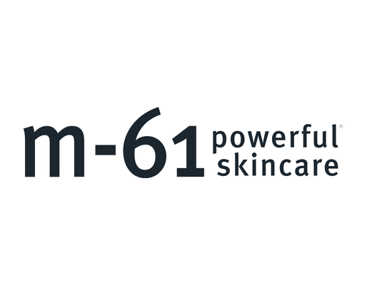 Logo for m-61 powerful skincare on a white background